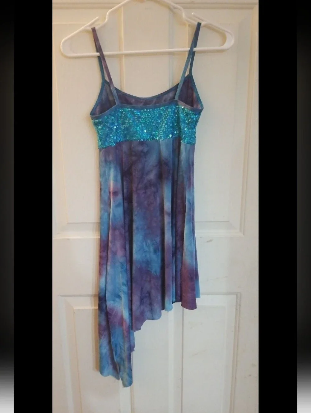 Girls Blue Teal Sequin Tie-Dye Asymmetric Dress DANCE WEAR